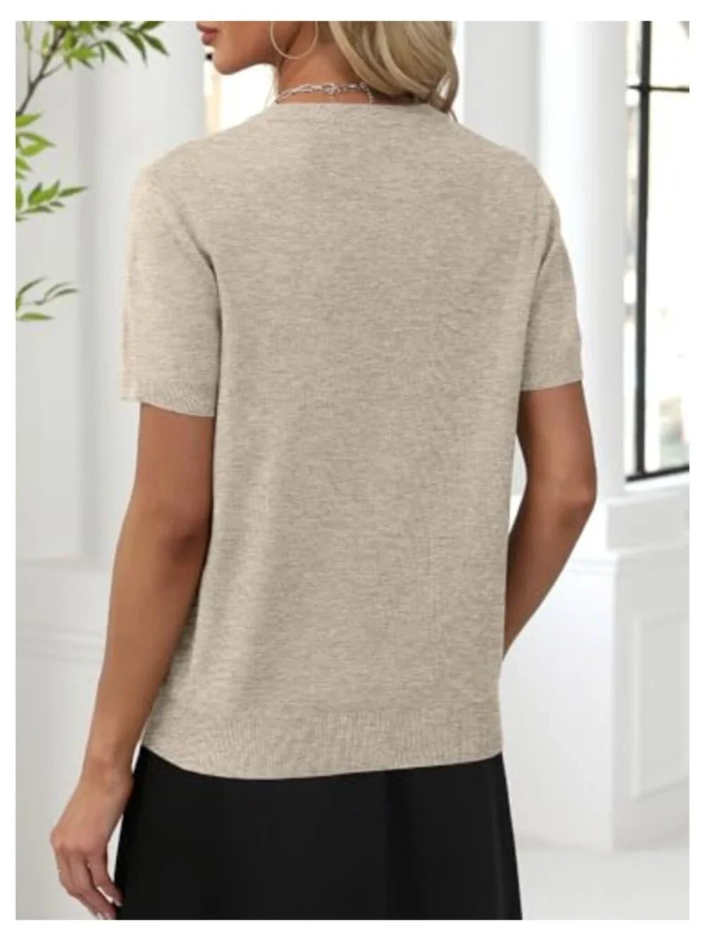 Wool Blend Short Sleeve V-Neck Pullover Sweater Business Casual Top
